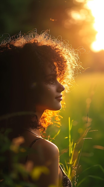 una mujer en un campo con el sol detrás de ella