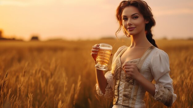 mujer, en, campo, tenencia, cerveza