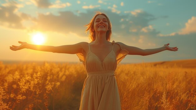 Mujer en el campo de trigo al atardecer Concepto de felicidad y libertad con los brazos abiertos