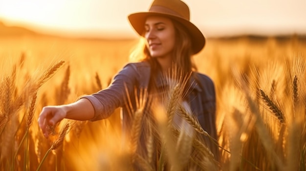 Una mujer en un campo de trigo al atardecer.