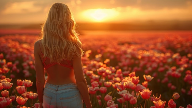 mujer en los campos entre los campos de tulipanes