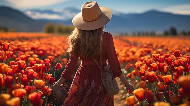 mujer con una canasta de flores de amapola