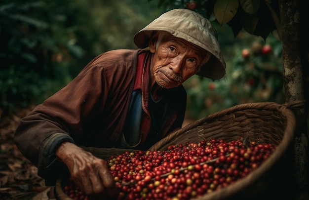 Una mujer en una canasta de granos de café.