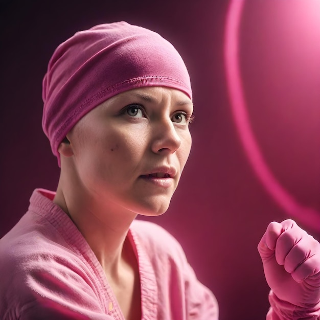 Foto una mujer con cáncer con una camisa rosa y un sombrero rosa