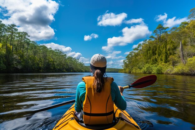 mujer en canoa en las aguas tranquilas del lago