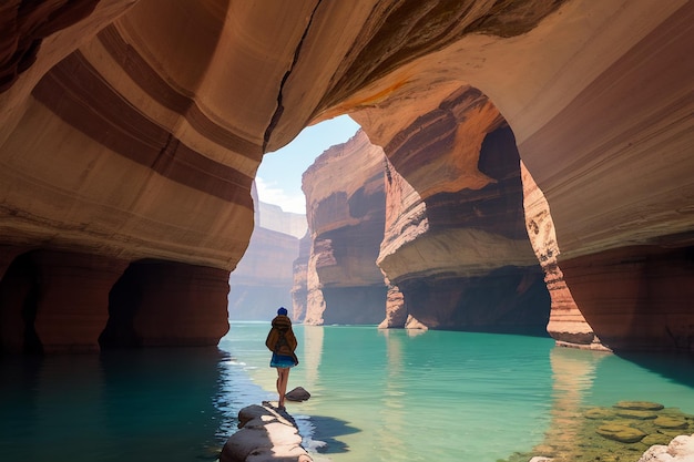 Una mujer se para en un cañón en el desierto.