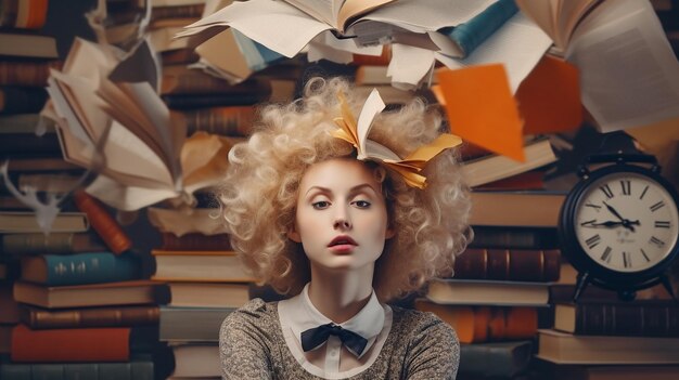 Mujer cansada con una pila de libros caos de papeles y reloj en la cabeza