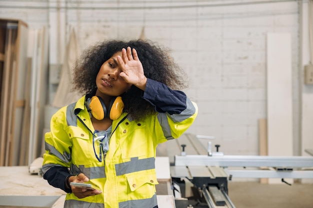 Mujer cansada trabajadora de fábrica sudor agotada ingeniera mujer fatigada trabajo duro negro africano femenino personal laboral trabajo caliente lugar de trabajo
