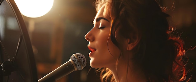 Foto mujer cantando en el micrófono grabación en vivo
