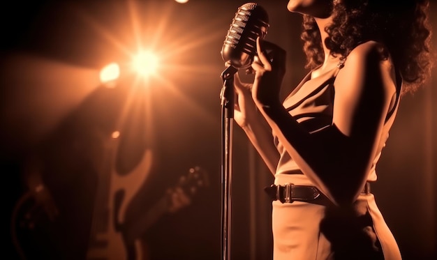 Una mujer cantando en un micrófono con una luz amarilla detrás de ella.