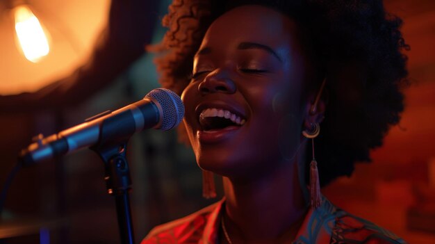 Mujer cantando en el micrófono