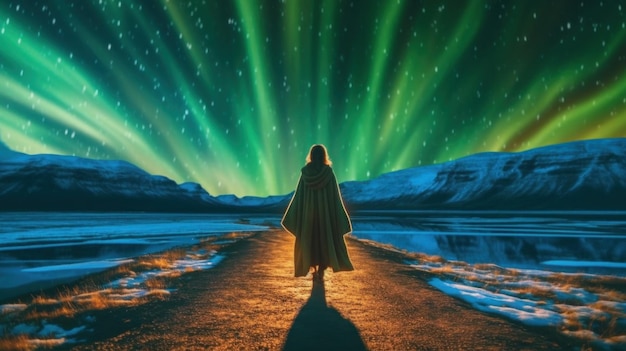 Una mujer con una capa amarilla se para en el camino en la aurora boreal IA generativa