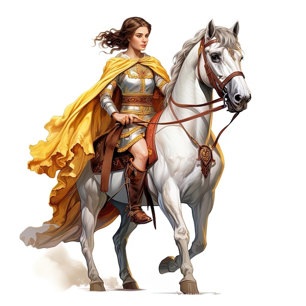 una mujer con una capa dorada está montando un caballo blanco