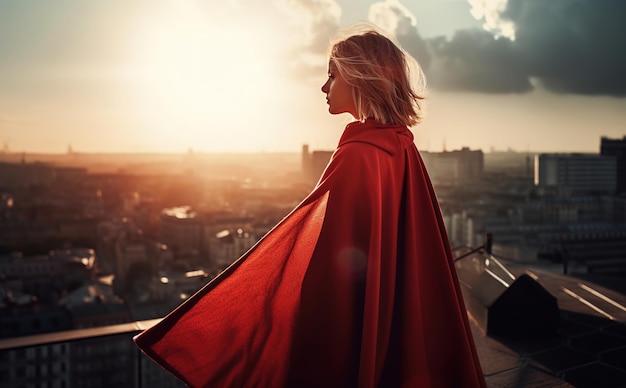 Una mujer con una capa roja contempla un paisaje urbano.