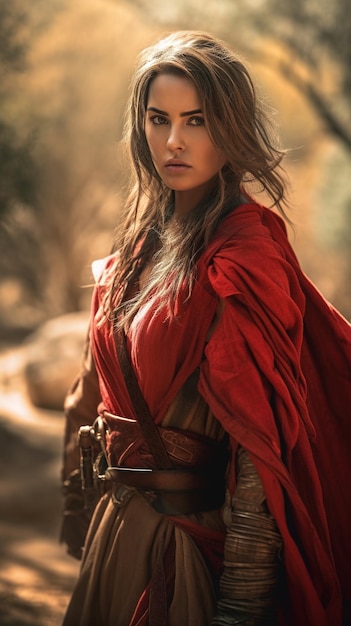 Una mujer con una capa roja se para en el desierto.
