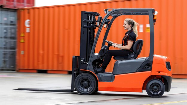 Mujer capataz que opera una carretilla elevadora en un patio de contenedores de envío Ingeniera industrial Mujer que maniobra un camión apilador para levantar cajas de carga en el muelle de la terminal logística