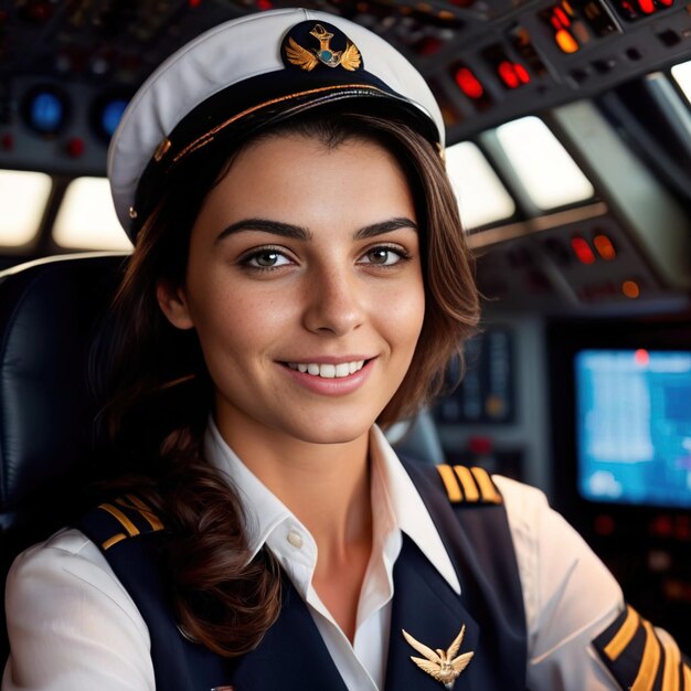 mujer capitán de aerolínea en la cabina del avión sonriendo