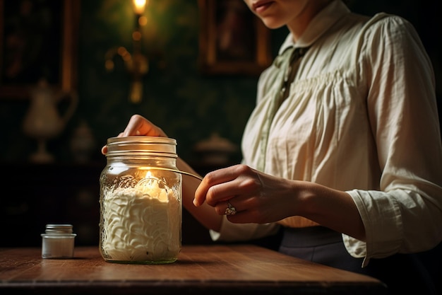 Foto mujer capturada poniendo crema batida