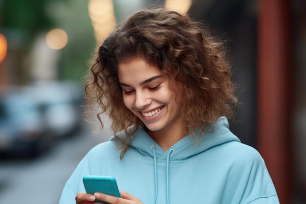 Una mujer con capucha azul está mirando su teléfono celular.