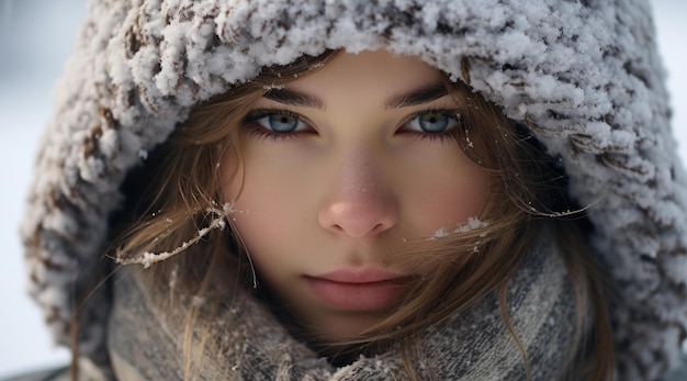 una mujer con capucha cubierta de nieve