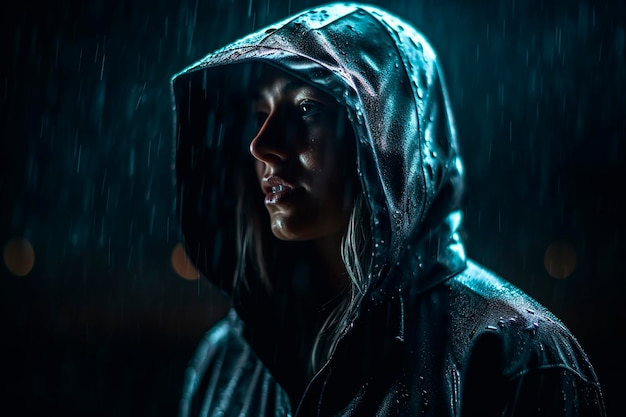 Una mujer con capucha se para bajo la lluvia.