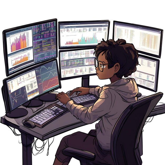 Mujer con capucha mirando múltiples pantallas centrándose en datos financieros