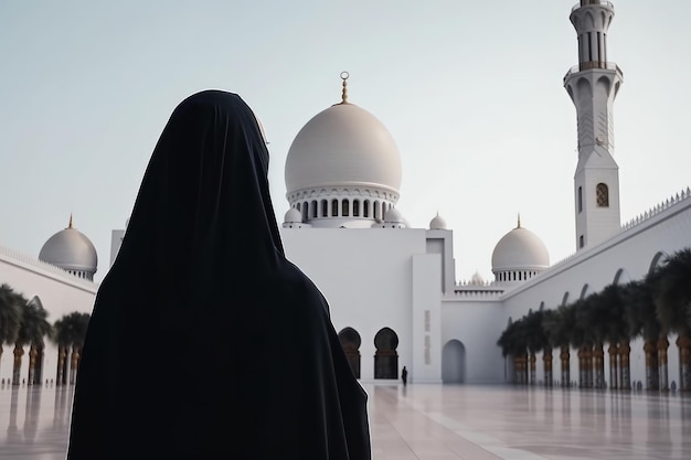 Mujer en la capucha negra visitando la Gran Mezquita en Abu Dhabi United