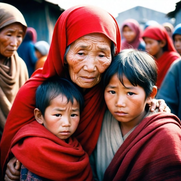 Foto una mujer con una capucha roja en la cabeza está rodeada de otros niños