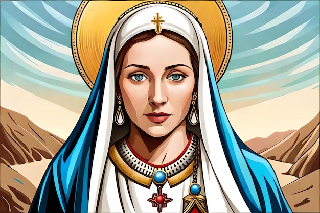 Una mujer con la cara azul y una cruz azul en el pecho.
