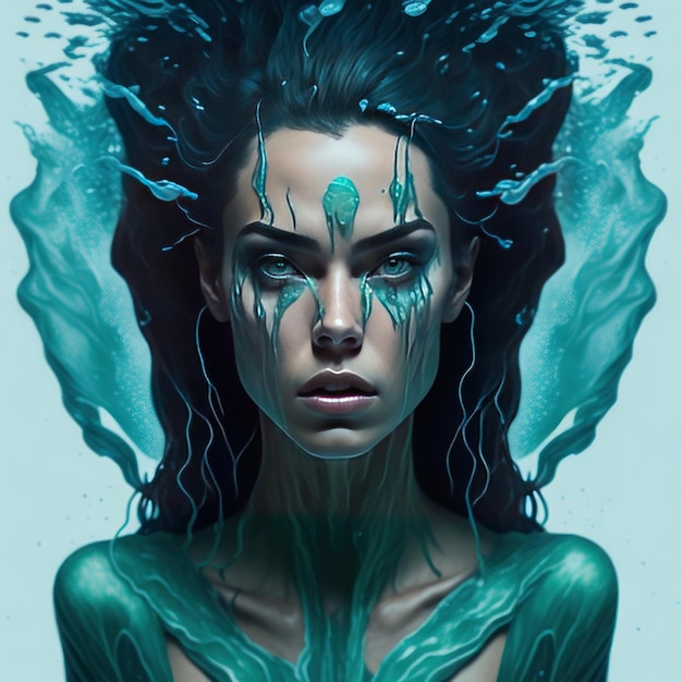 Una mujer de cara azul y cuerpo verde con un líquido azul en el fondo.