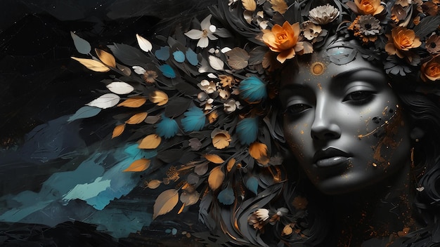 una mujer con una cara azul y flores de oro en su cabeza está rodeada de hojas de oro