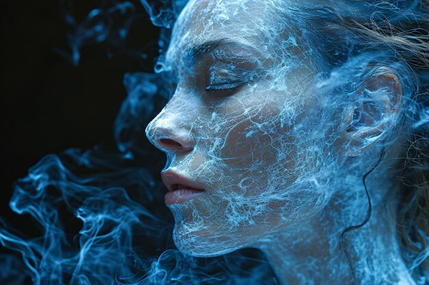 Foto una mujer con una cara azul y humo en la cara