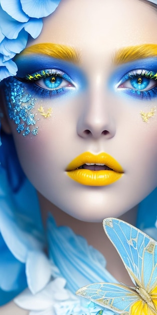 Una mujer con cara azul y maquillaje amarillo.