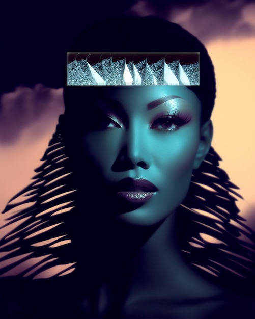 Foto una mujer con la cara azul y una pirámide en la cabeza.