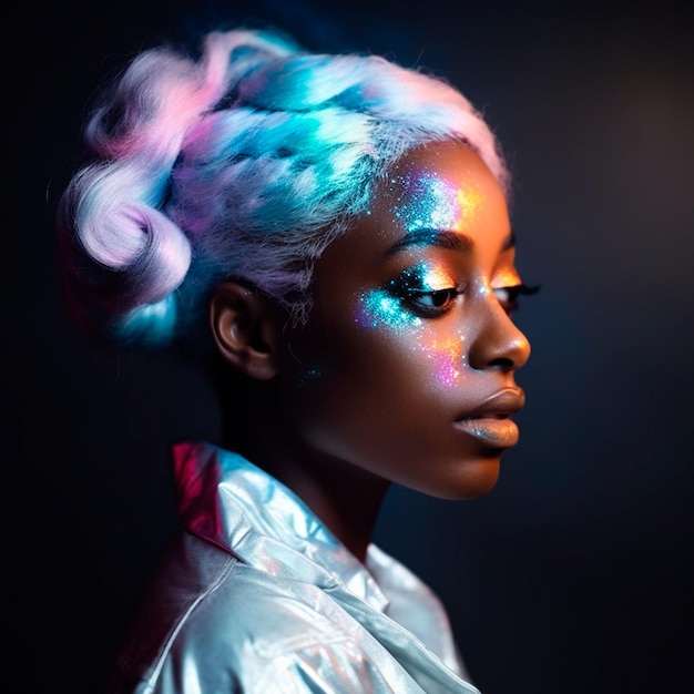 Una mujer con una cara brillante y cabello negro.