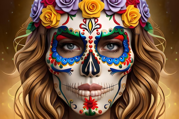 Foto una mujer con una cara de calavera de azúcar pintada de colores.