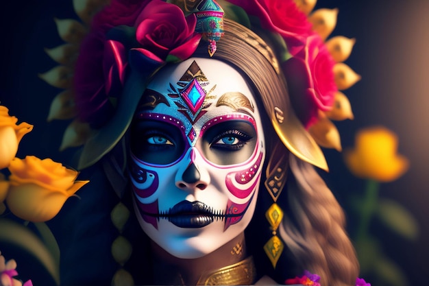 Una mujer con una cara de calavera de azúcar pintada.