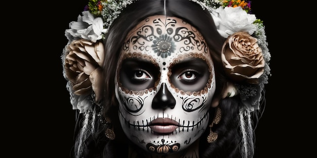 Una mujer con cara de calavera de azúcar