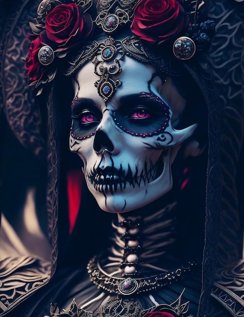 Una mujer con cara de calavera y ojos morados.