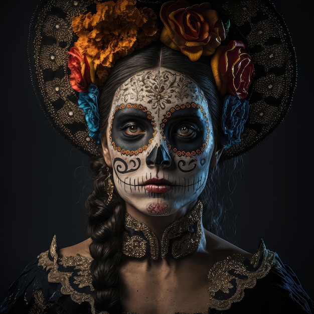 Una mujer con la cara de una calavera pintada de azul y amarillo.