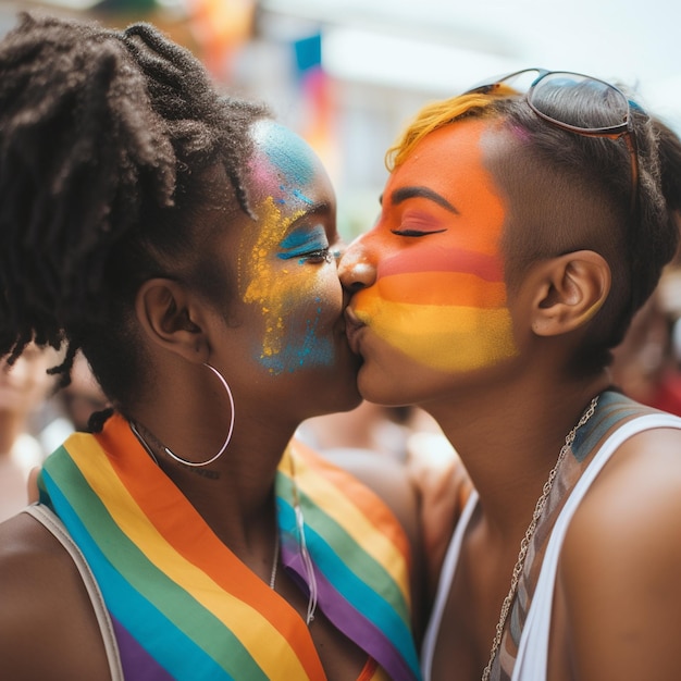 Una mujer con una cara de color arcoiris besando a una mujer