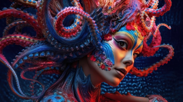 Una mujer con una cara colorida y un cabello azul y rojo.