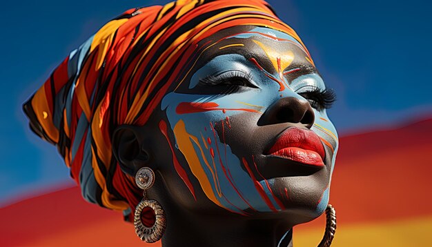 una mujer con una cara colorida pintada con los colores de su cara y la palabra pintada