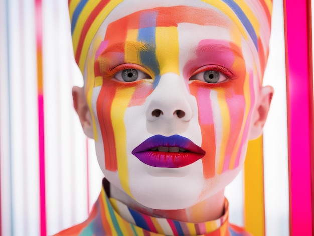 una mujer con una cara colorida pintada con rayas