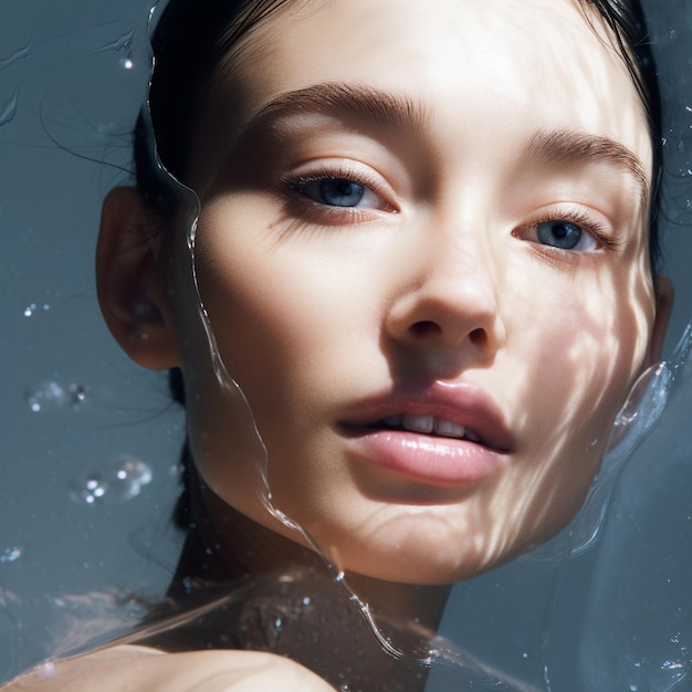 una mujer con la cara cubierta de agua y su reflejo.