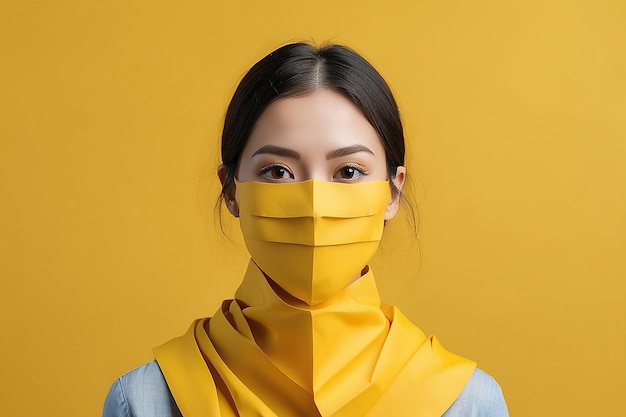 Mujer con la cara cubierta por papel amarillo sobre fondo amarillo creado con tecnología generativa de IA