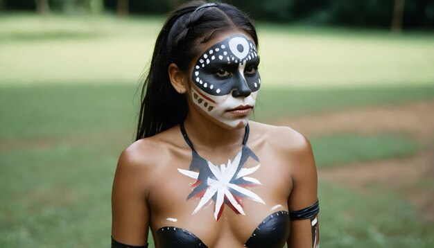 una mujer con cara y cuerpo pintado indígena