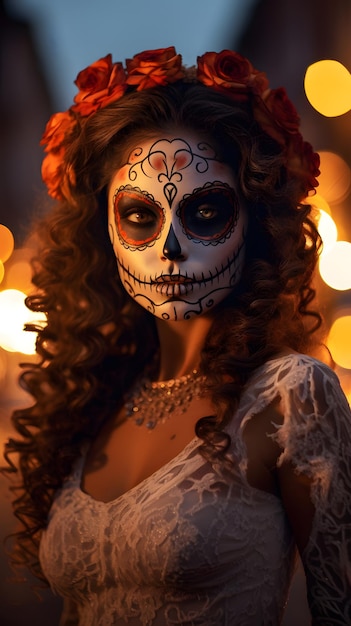 Mujer con cara de Dios de los Muertos maquillada