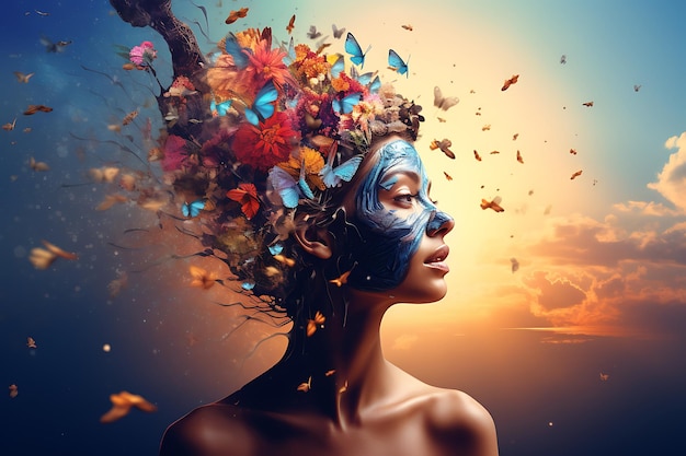 una mujer con la cara de una máscara azul está rodeada de mariposas, concepto de salud mental y bienestar