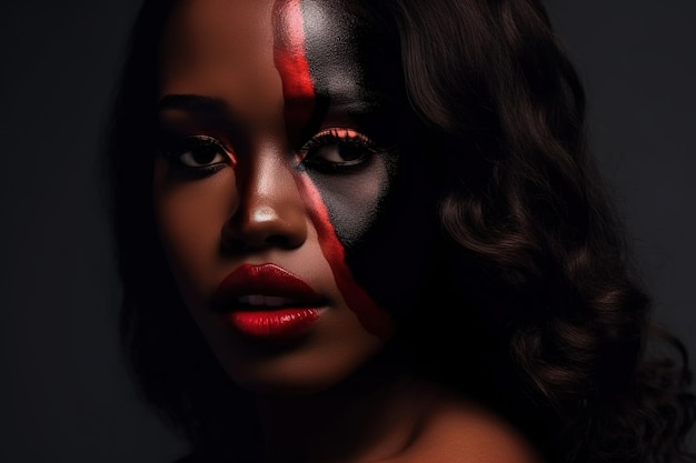 Una mujer con la cara negra pintada con pintura roja y negra.